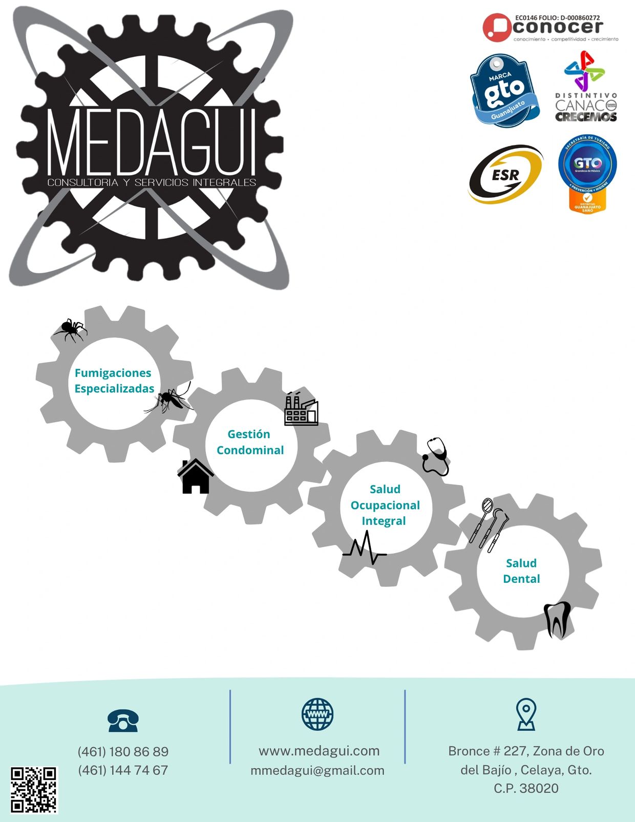 Medagui offers fumigation, condominium management, occupational health, and dental services with contact info and certifications.