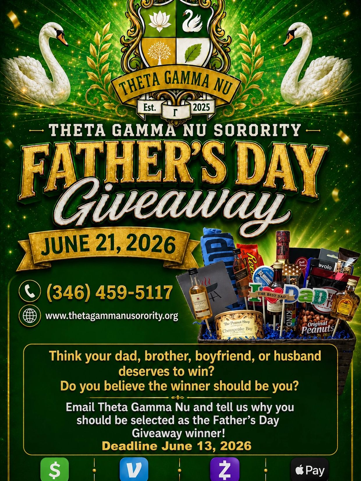 Theta Gamma Nu Sorority Father's Day Giveaway on June 21, 2026, with a prize basket and entry instructions.