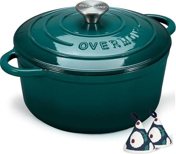 Overmont Enameled Cast Iron Dutch Oven - 4.5QT Pot with Lid Cookbook & Cotton Potholders 