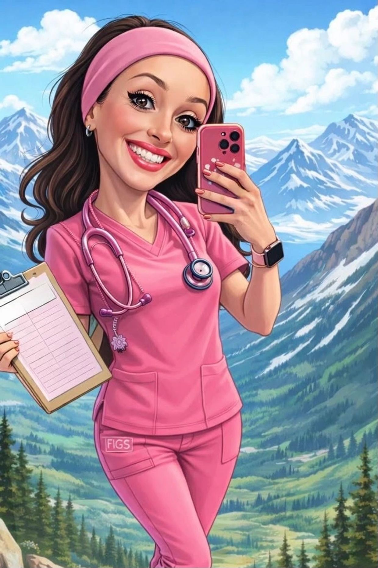 Cartoon nurse in pink scrubs taking a selfie in the mountains.