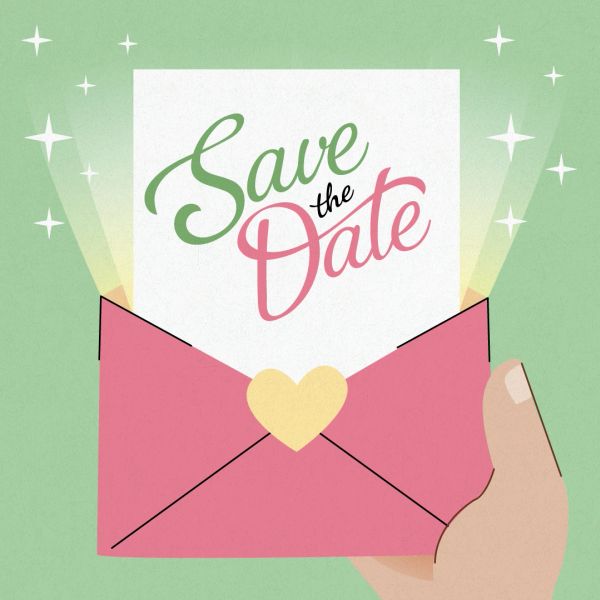 Illustration of a hand holding a pink envelope with a 'Save the Date' card inside.