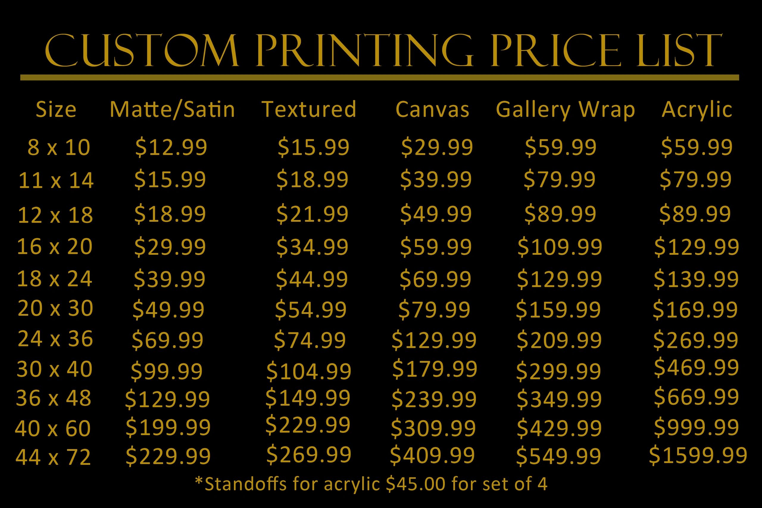 Does ArtisanHD Have A Standard List Of Photo Printing Prices?