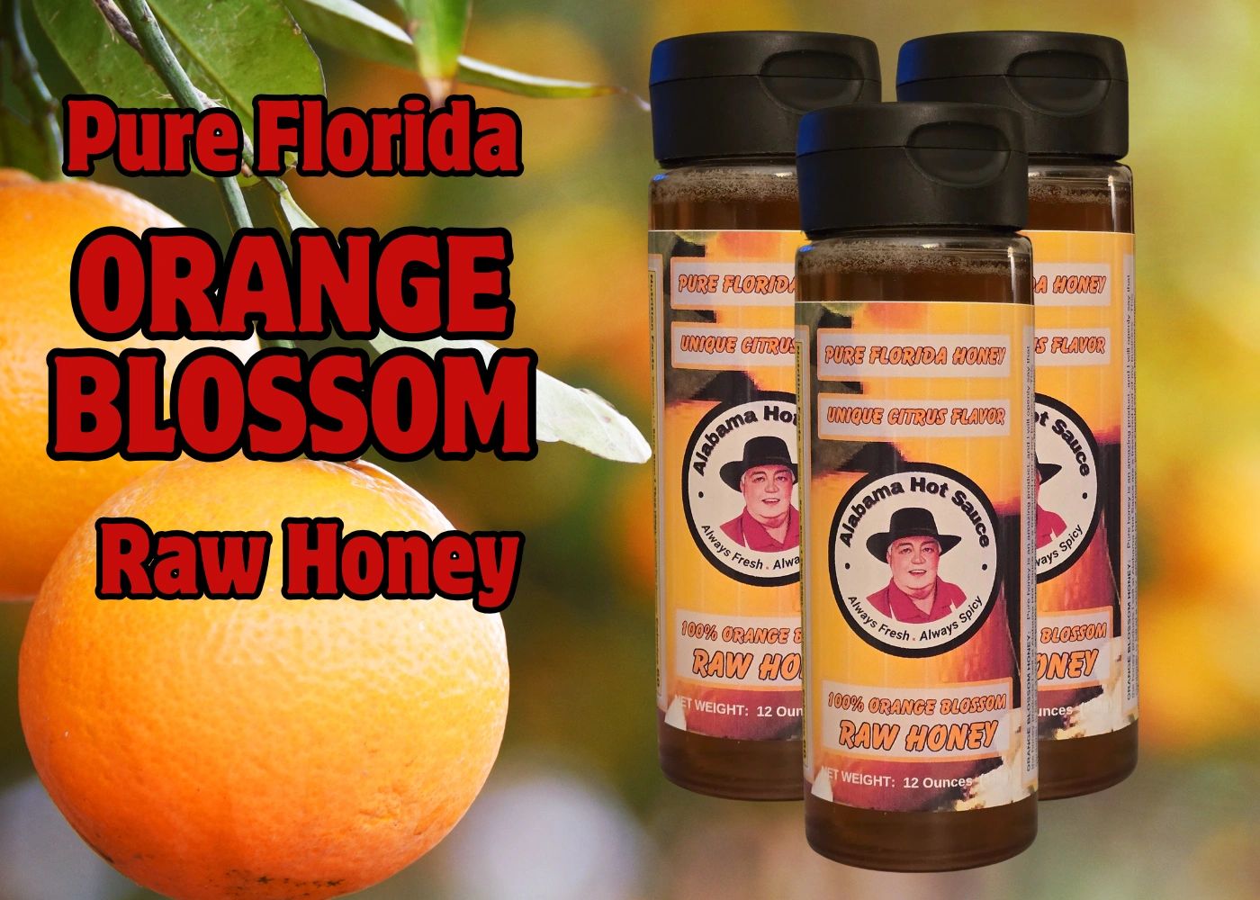 Bottles of delicious Pure Florida Orange Blossom raw honey, on a background of orange trees .