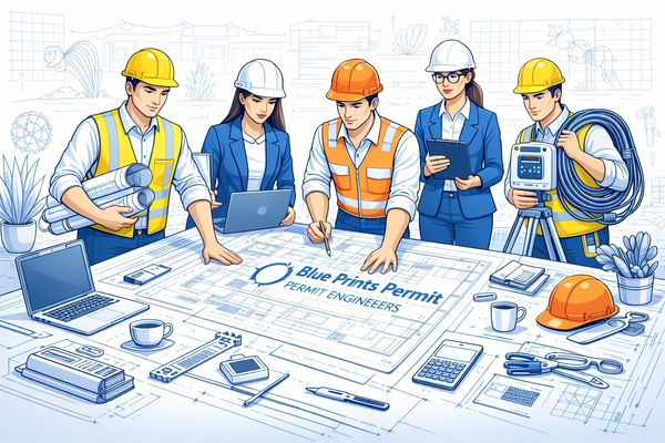 Engineers collaborating on blueprint plans with safety gear and technology.