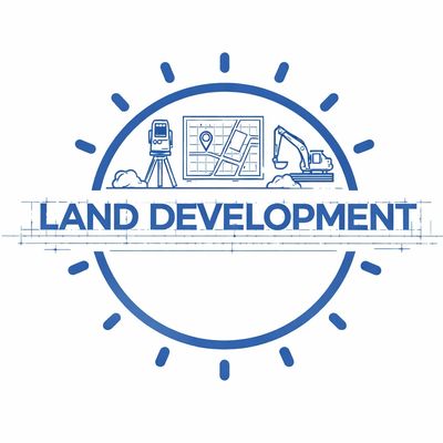 Logo featuring land surveying and construction machinery for land development.