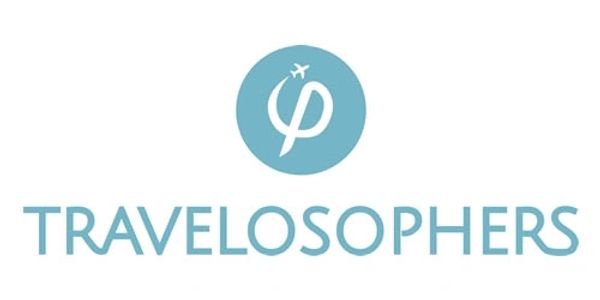 Logo for Travelosophers featuring a plane and stylized letter 'p'.