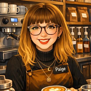 Barista Paige smiles warmly behind the coffee counter, ready to serve.