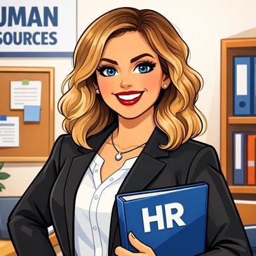Confident HR professional holding a blue folder in an office setting.