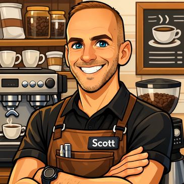 Smiling barista named Scott stands confidently in a cozy coffee shop.