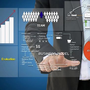 Businessman presenting a digital business model with team and financial planning.