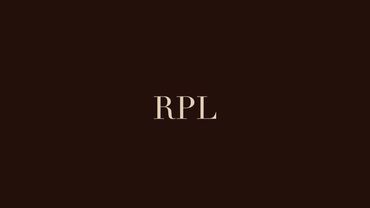 Minimalist logo with 'RPL' in beige on a dark brown background.
