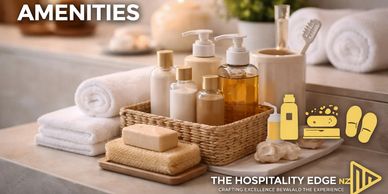 Basket of hotel bathroom amenities with towels.