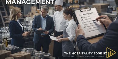 Team discussing tasks in a hospitality setting.