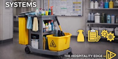 Janitorial cleaning system cart with supplies in a facility.