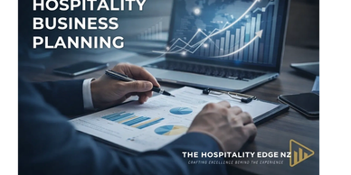 Business planning with hospitality focus and data charts.