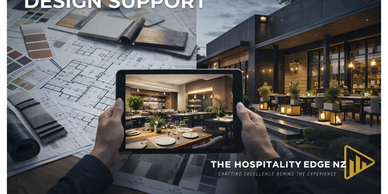 Tablet showing restaurant design over plans and swatches.