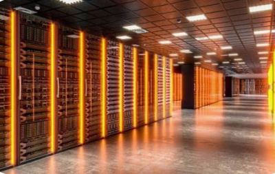 Futuristic data center with rows of glowing server racks.