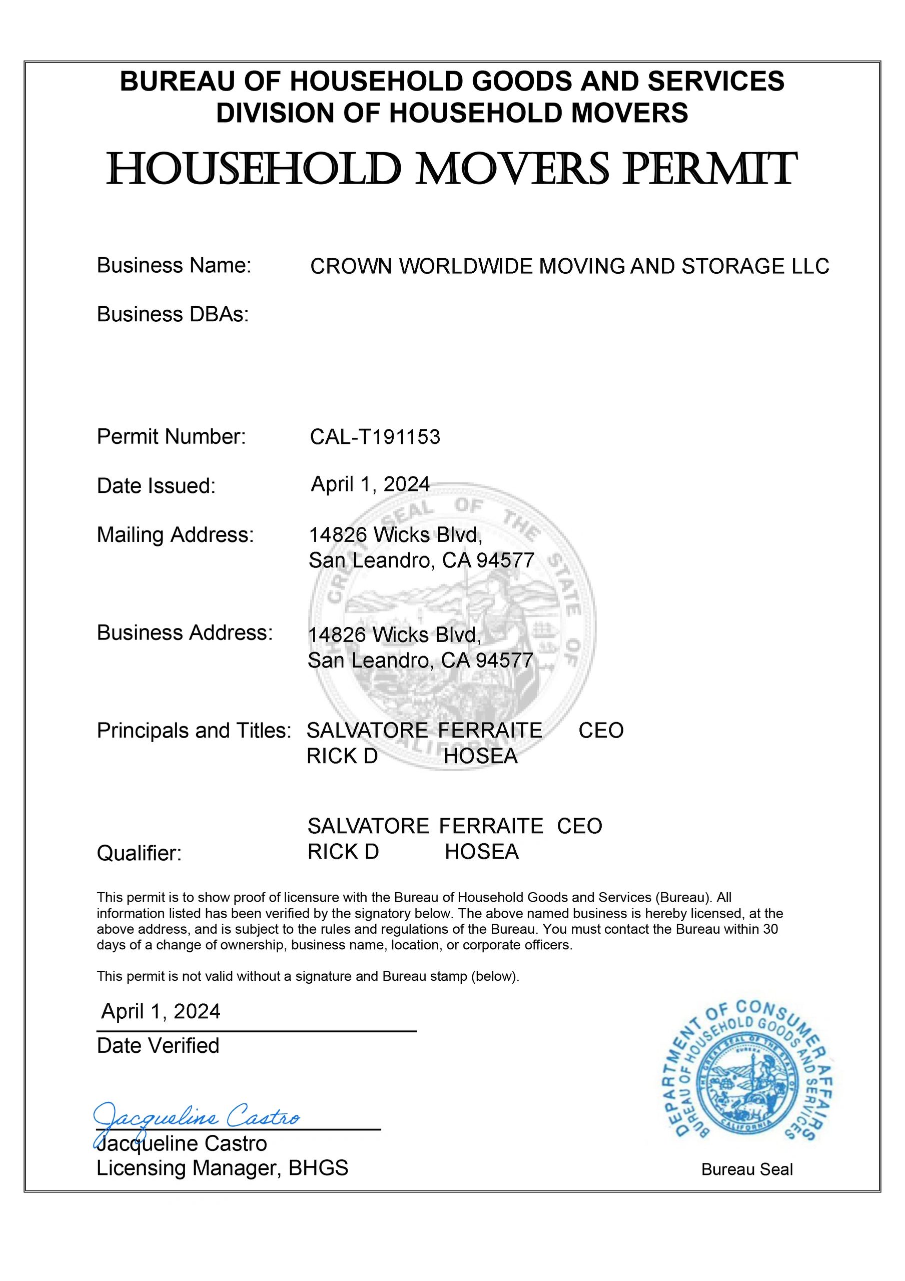 Household Movers Permit for Crown Worldwide Moving and Storage LLC issued April 1, 2024.