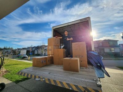 Man unloading boxes from a truck on a sunny day.