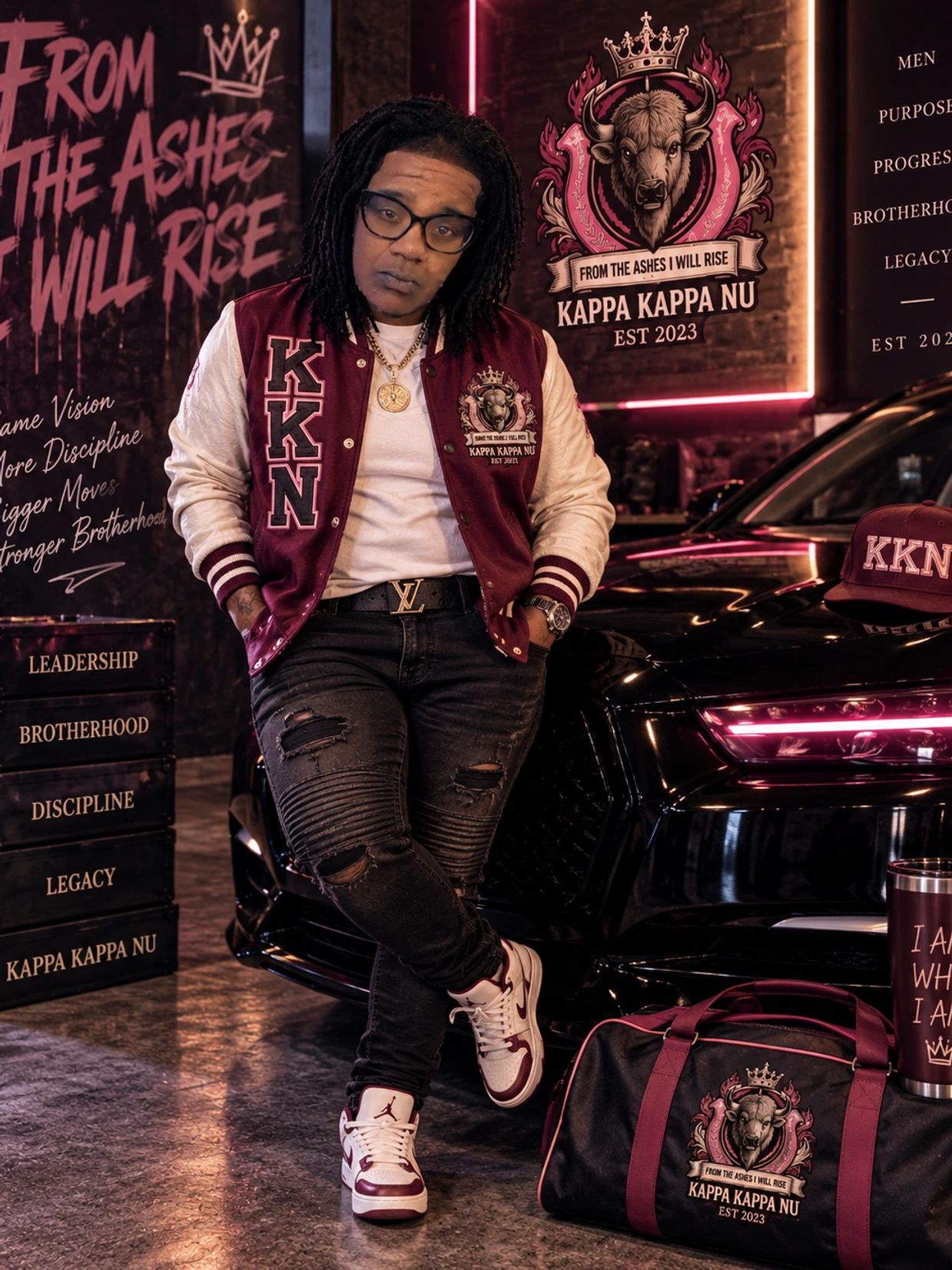 Person posing in Kappa Kappa Nu jacket and sneakers with branded accessories.