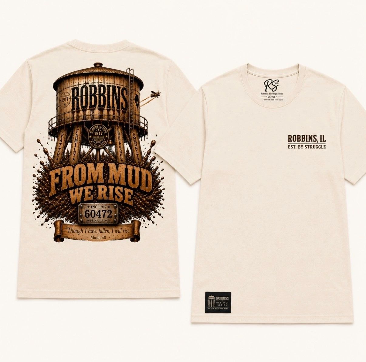 Beige t-shirt with detailed water tower design and motivational text.
