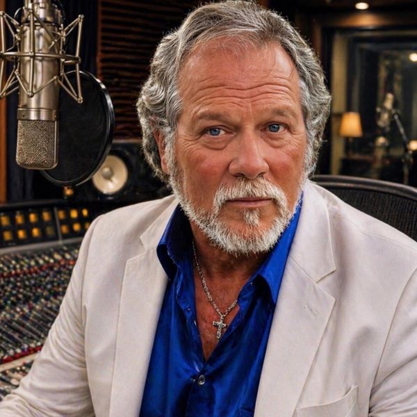 A distinguished man in a recording studio wearing a white blazer and blue shirt.