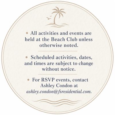 Notice about Beach Club activities, schedule changes, and RSVP contact information.