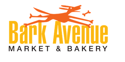 Logo of Bark Avenue Market &amp; Bakery with playful dog graphic.