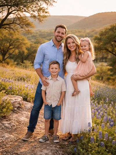 family standing with hills and trees behind them