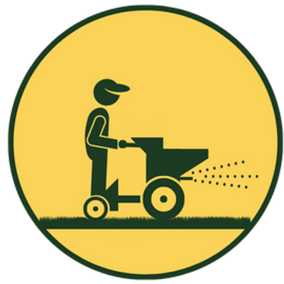 Lawn Fertilization Logo with a character riding a spreading machine.