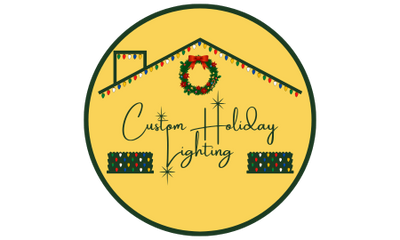 Holiday Lighting Logo with a roof peak lined with lights, a wreath and bushes lit up.