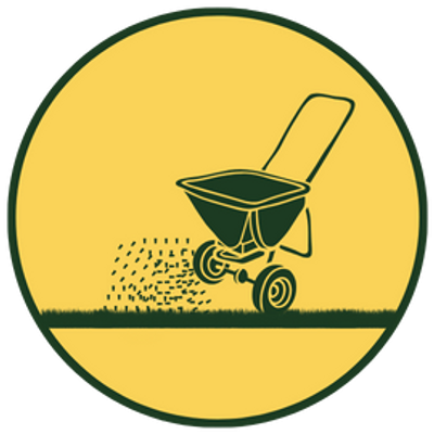 Lawn Seeding Logo with an image of a spreader throwing seed over a lawn.