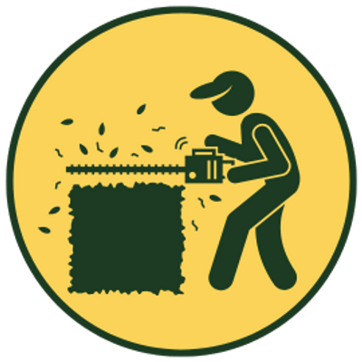 A character operating a bush trimmer to trim hedges into a clean square.