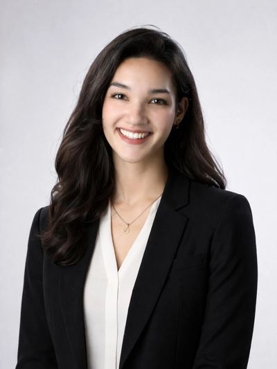Smiling young woman with long dark hair in professional attire.