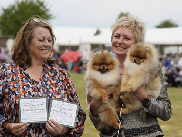 Two women proudly holding certificates and fluffy Pomeranian dogs at a dog show.