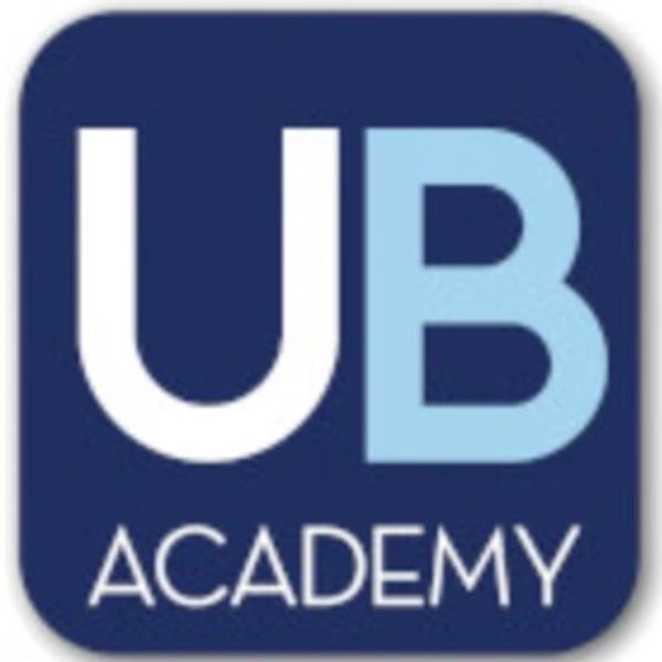 Logo of UB Academy with white and light blue letters on dark blue background.