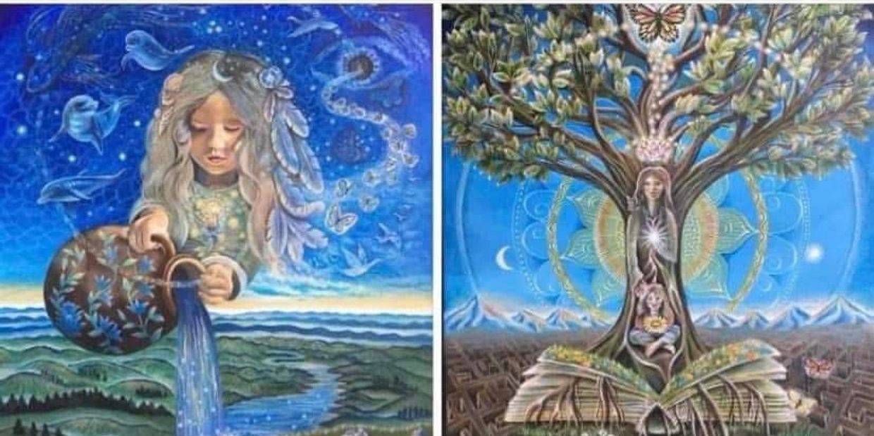 Mystical paintings of a girl pouring water and a tree embracing human figures.