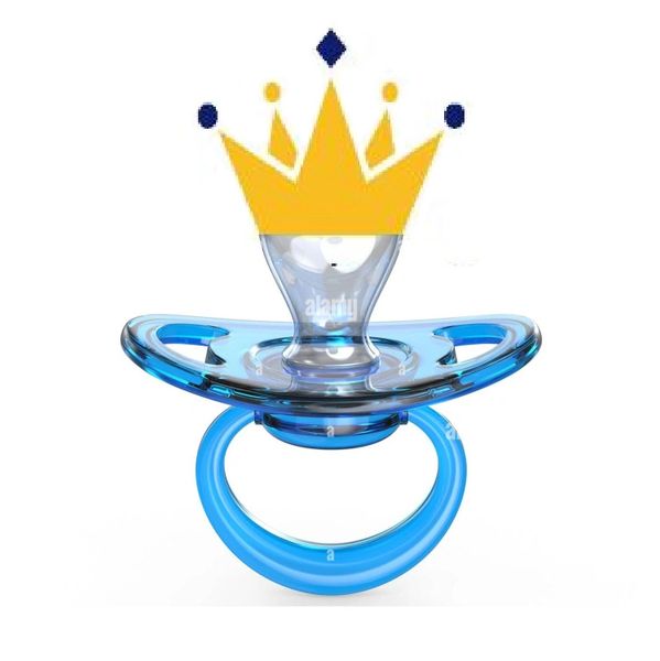 Blue baby pacifier with a golden crown graphic on top.