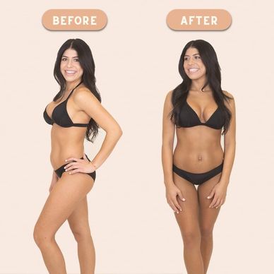 Before and after photos of a woman in black bikini showing body transformation.