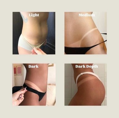Different tan lines showing light to dark depths on skin.