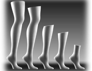 Five white mannequin legs of varying heights arranged in descending order.