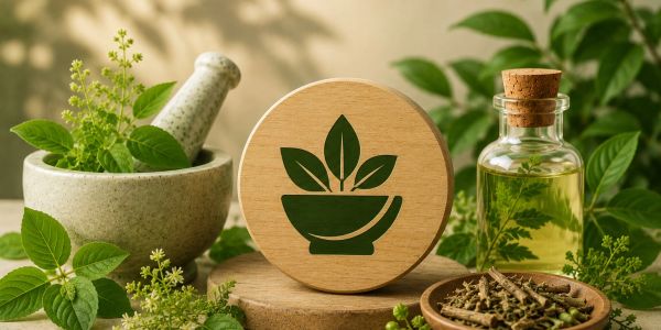 Herbal ingredients and essential oil in a natural setting.