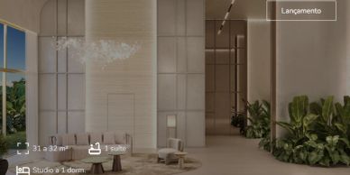 Lobby moderno com decoração minimalista e área de estar.