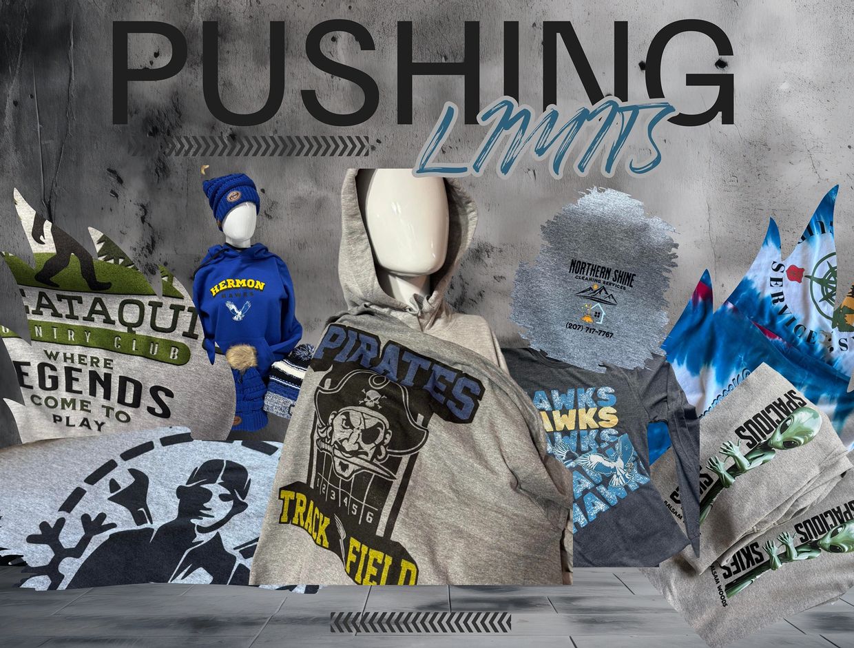 A collage showcasing various custom hoodies and shirts with logos and mascots.