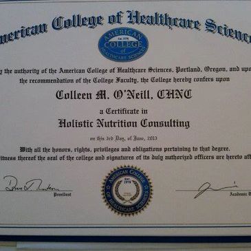 Certificate in Holistic Nutrition Consulting.