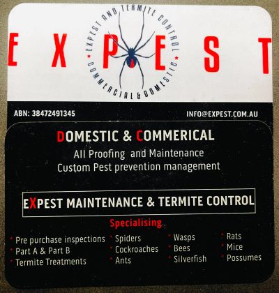 Expest pest and termite control business card with services listed.