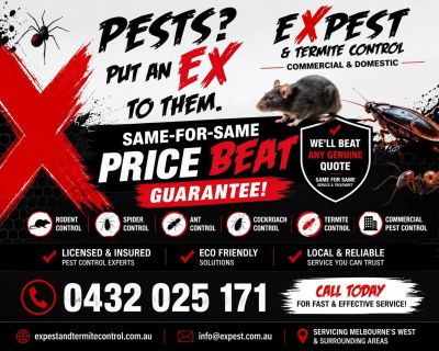 Pest control ad highlighting price beat guarantee and multiple pest services.