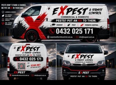 Van with bold pest control branding and contact info.