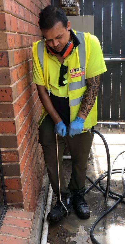 Worker using equipment near brick wall.