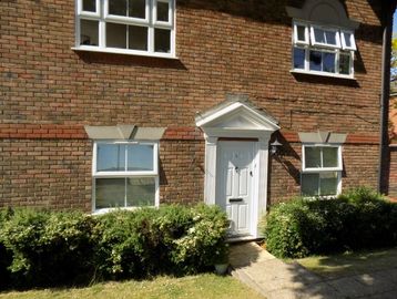 Brick house entrance with white door and windows surrounded by greenery.